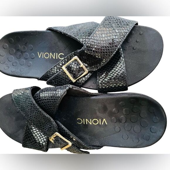 Vionic Sandal Dorie Size 9, Black Leather Snake Print Slide On Sandal w/buckle - Picture 3 of 6